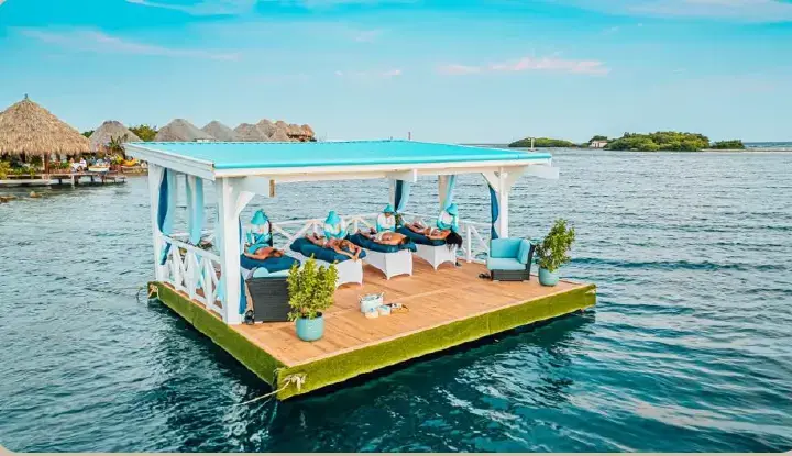 Floating spa cabana on calm water in Aruba
